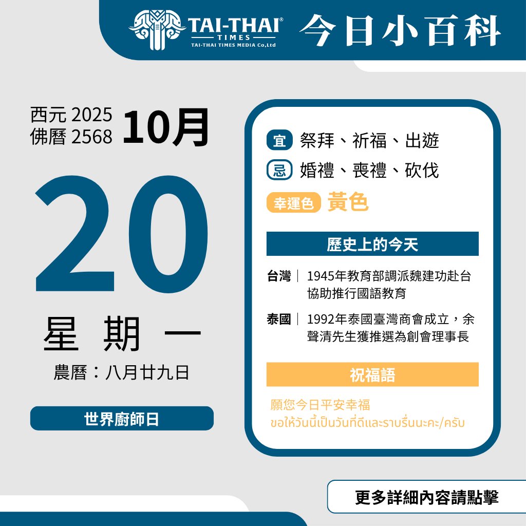 西元 2025 年 10 月 20 日（星期一）佛曆 2568 年 10 月 20 日 農曆 八月廿九