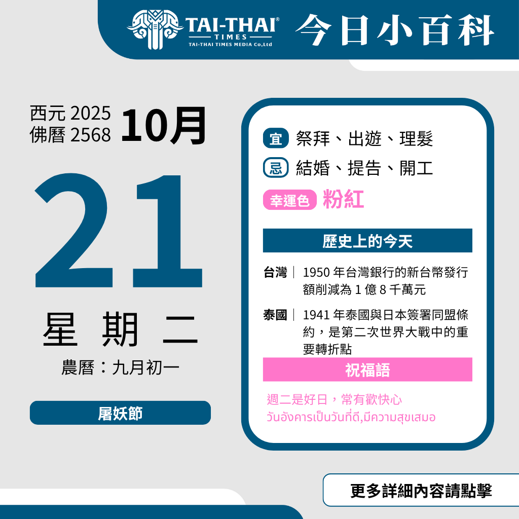 西元 2025 年 10 月 21 日（星期二）佛曆 2568 年 10 月 21 日 農曆 九月初一