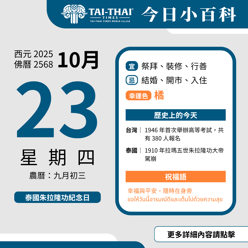 西元 2025 年 10 月 23 日（星期四）佛曆 2568 年 10 月 23 日 農曆 九月初三