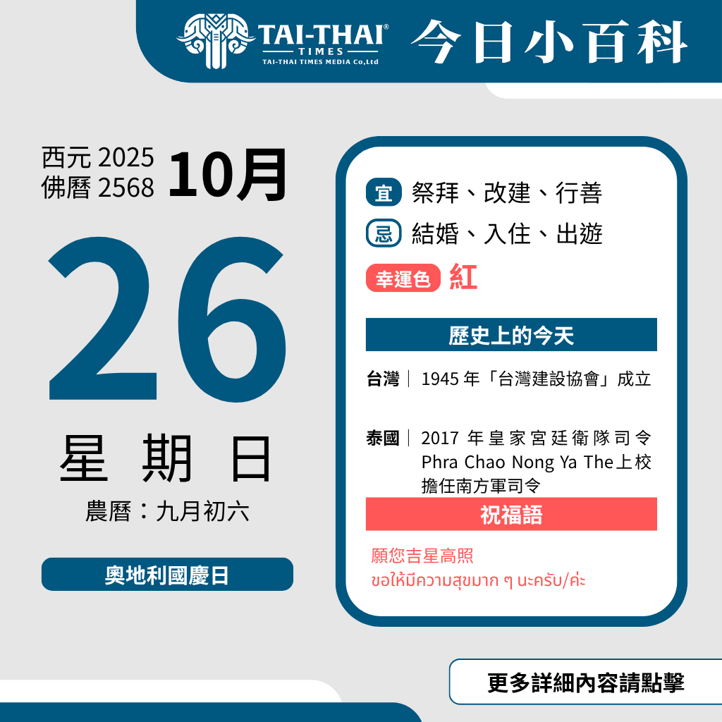 西元 2025 年 10 月 26 日（星期日）佛曆 2568 年 10 月 26 日 農曆 九月初六