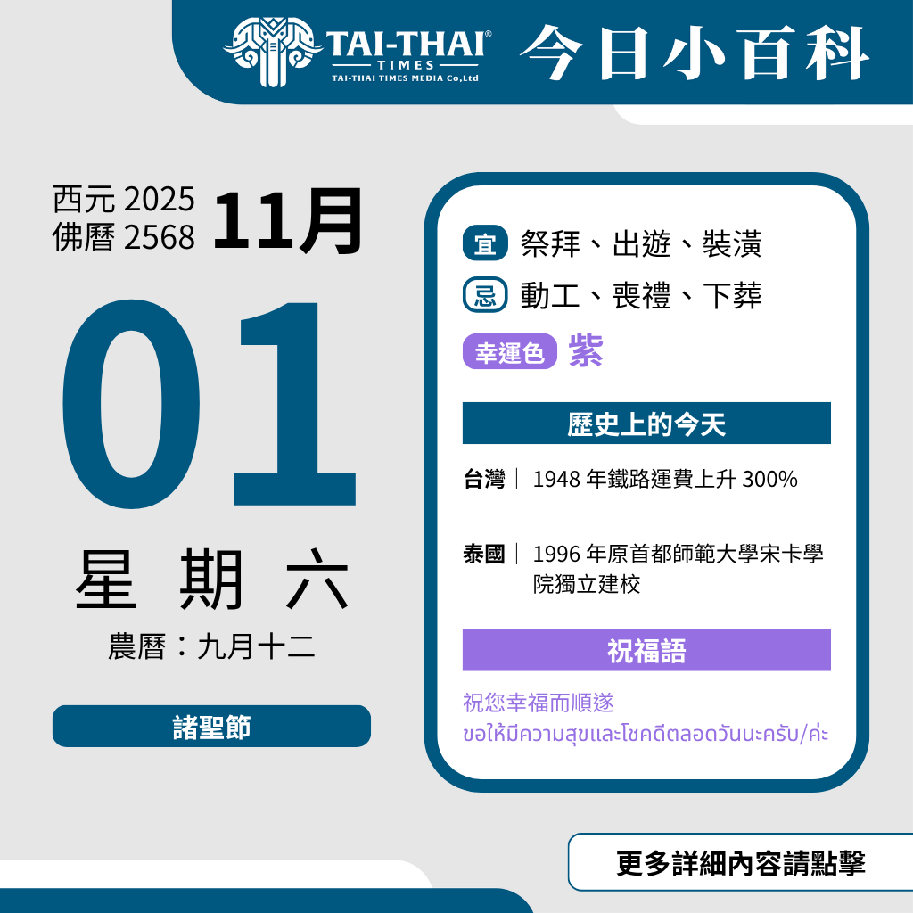 西元 2025 年 11 月 01 日（星期六）佛曆 2568 年 11 月 01 日  農曆 九月十二