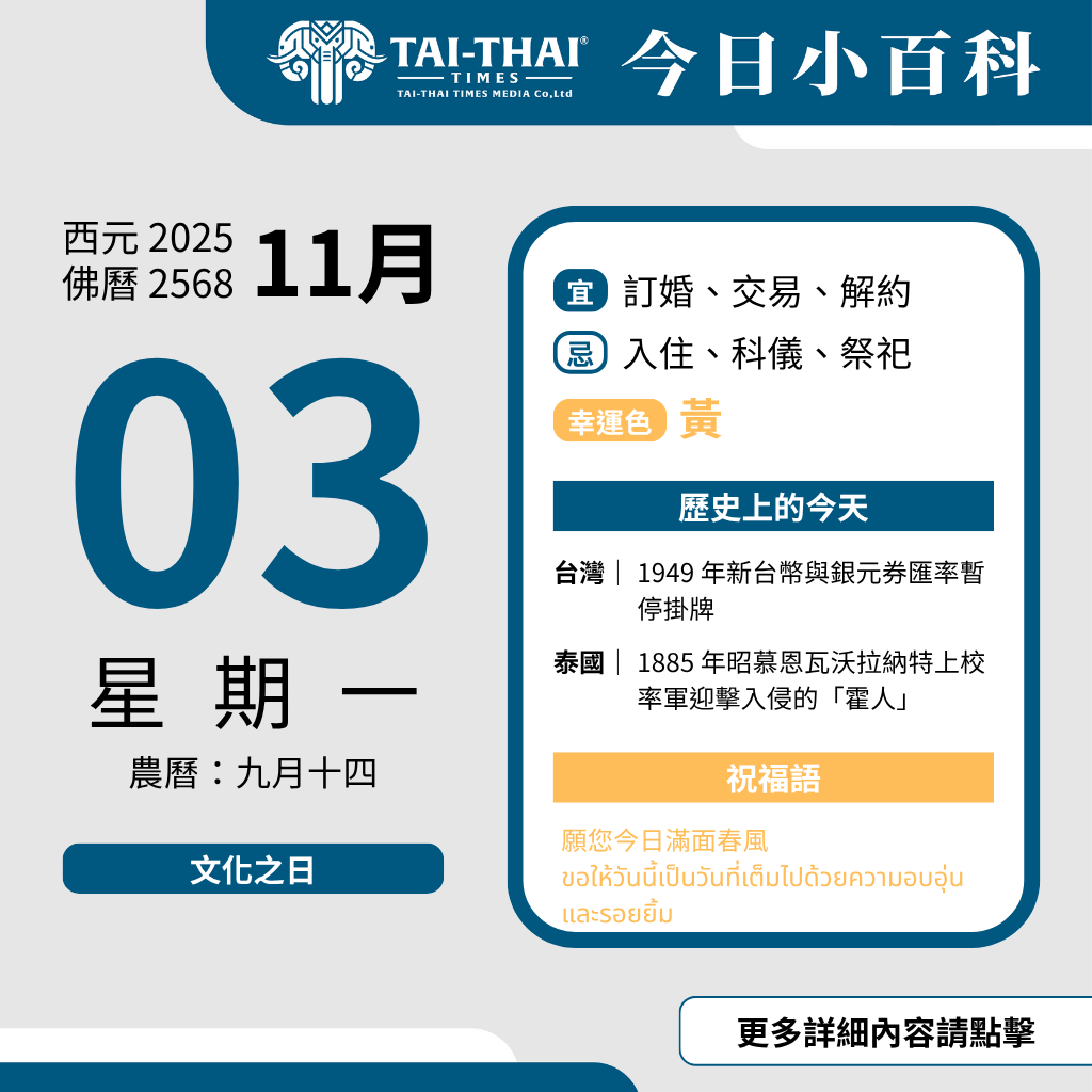 西元 2025 年 11 月 03 日（星期一）佛曆 2568 年 11 月 03 日 農曆 九月十四