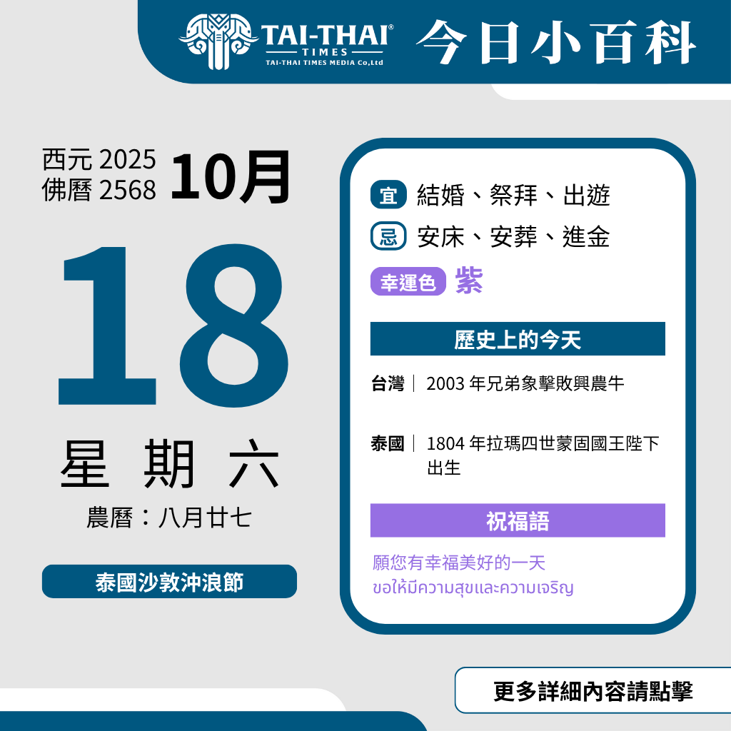 西元 2025 年 10 月 18 日（星期六）佛曆 2568 年 10 月 18 日 農曆 八月廿七