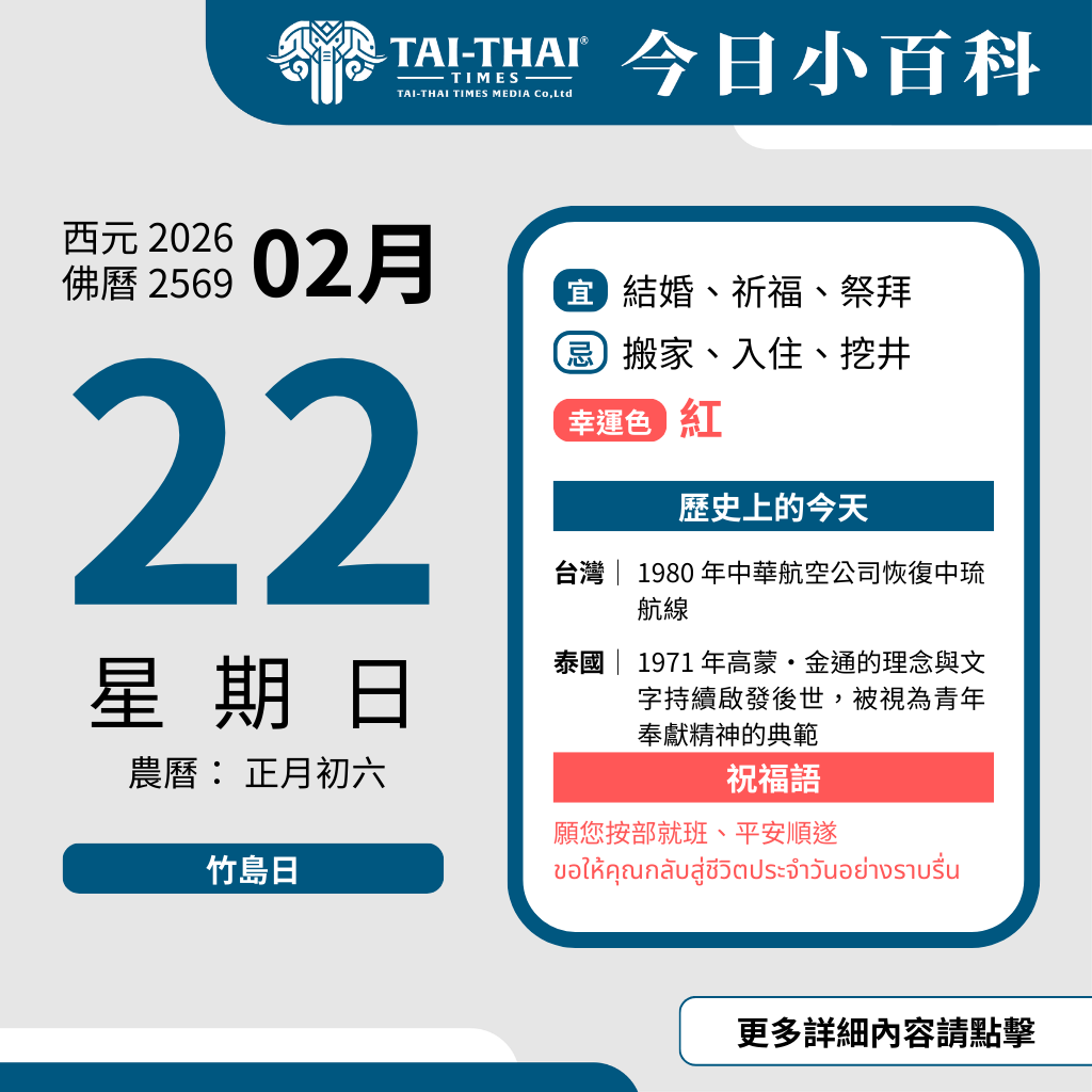 西元 2026 年 02 月 22 日（星期日）