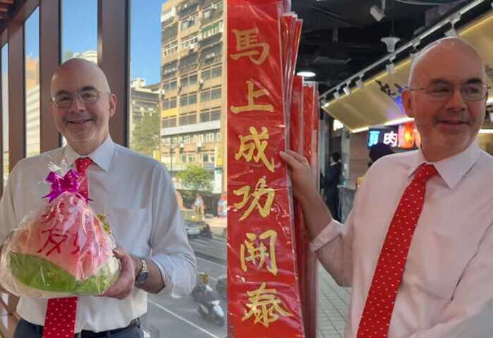 台灣女婿谷立言市場辦年貨　「美台友好」壽桃吸睛